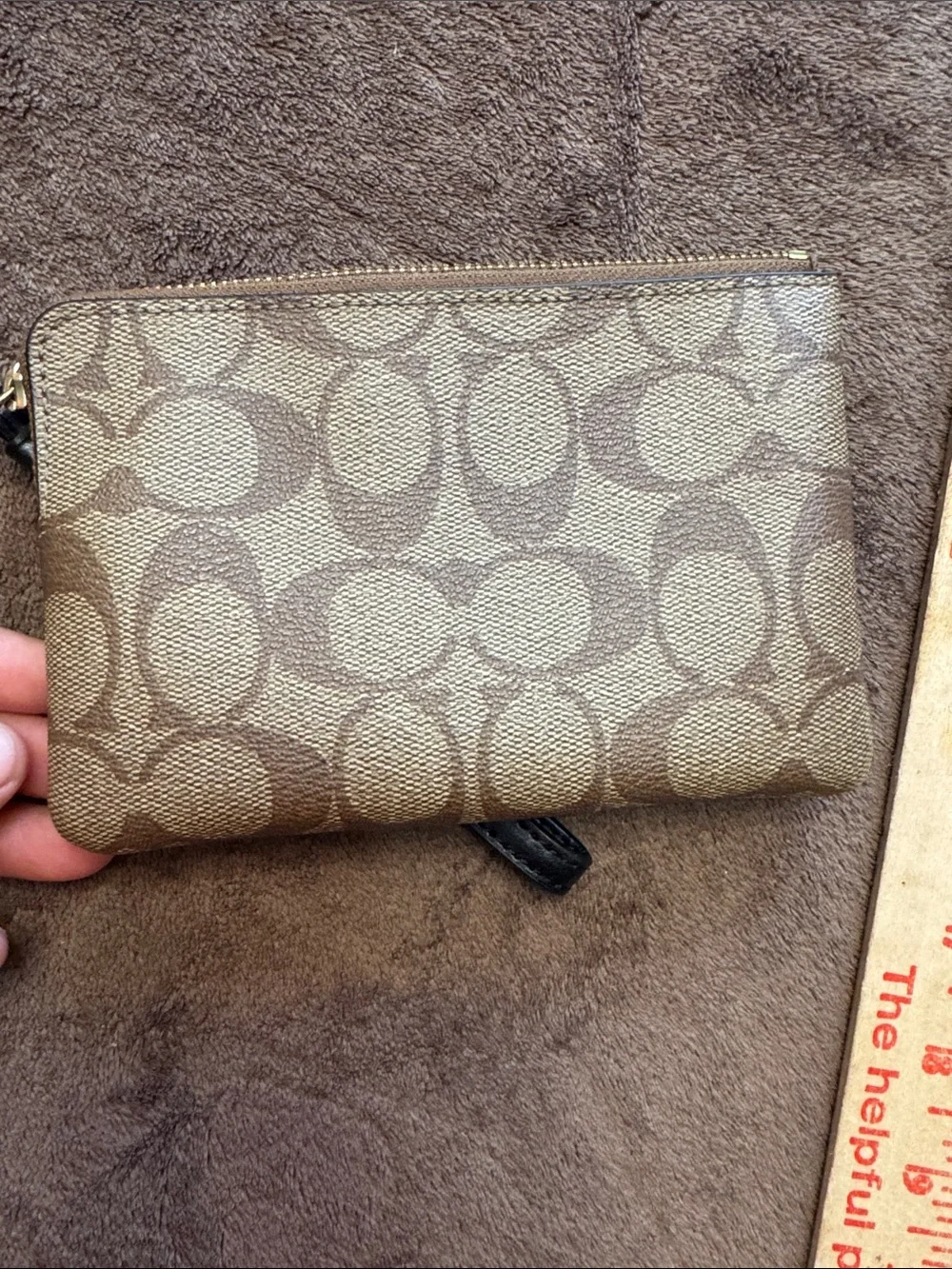 Coach Brown Signature Canvas Wristlet with Black Center Stripe